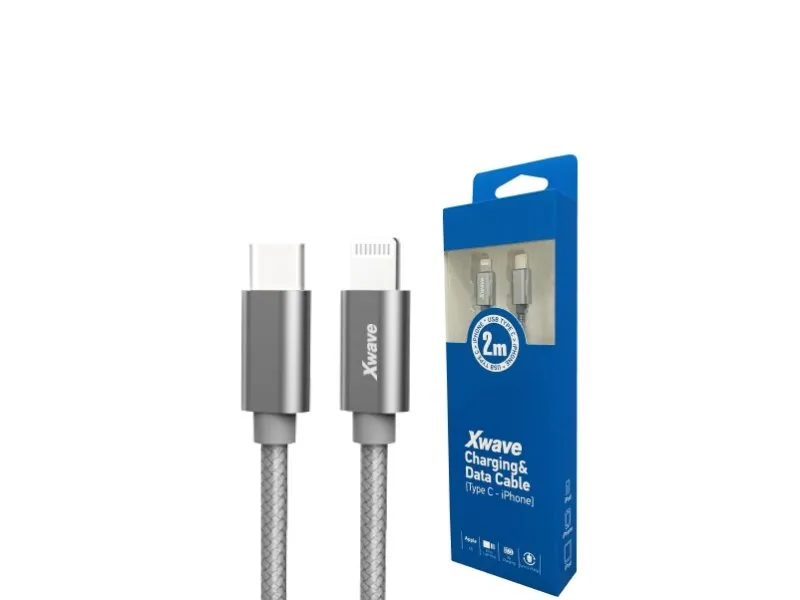 Kabl USB Tip-C za IPHONE 2M 3A,lightning aluminium,upleteni,tamno sivi