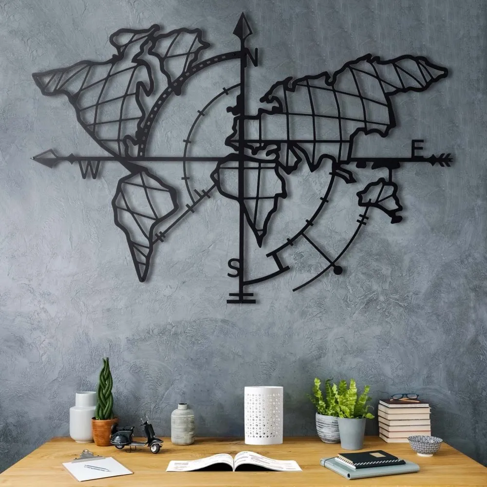 Zidna dekoracija World Map Compass Black