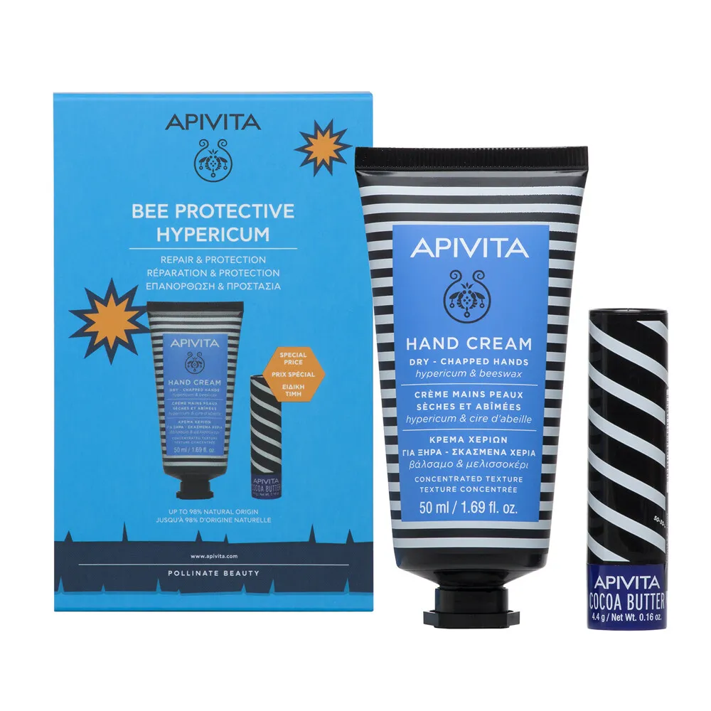 Apivita Krema za ruke Kantarion + Stik za usne Kakao PROMO SET