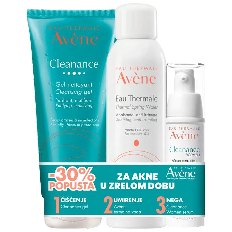 Avene Cleanance Women Serum, 30 ml + Termalna voda, 50 ml + Cleanance Gel, 200 ml PROMO