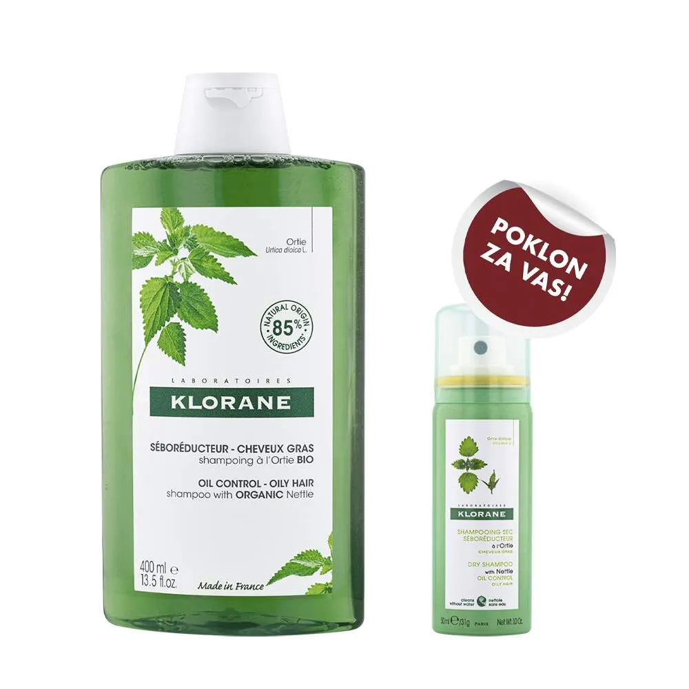 Klorane šampon od koprive, 400 ml + Kopriva Suvi šampon, 50 ml GRATIS
