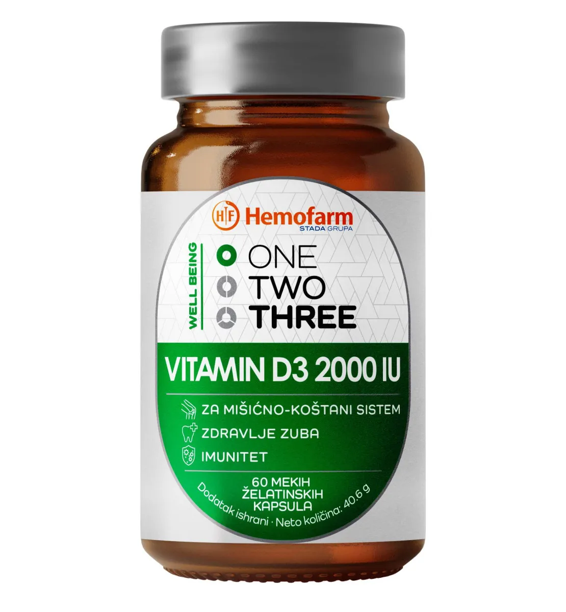 One Two Three Vitamin D3 2000 IU, 60 kapsula