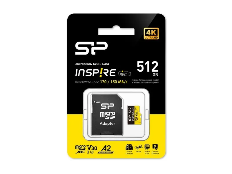 512GB, Inspire, micro SDXC sa adapterom, za 4K i FullHD video snimanje (SP512GBSTXLA2V1NSP)