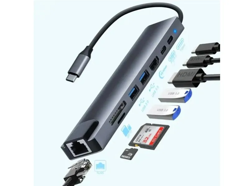 Adapter-konverter USB Tip C Zeus 11/1 1xUSB3.0/3xUSB2.0/HDMI/TF/SD/Audio/RJ45/VGA/Tip C PD