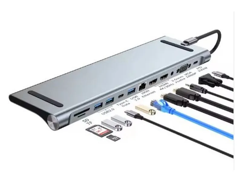 Adapter USB 3.1 tip C (M) - 2 x HDMI + VGA + 3 x USB 3.0 + 2 x tip C + RJ45 (F) + SD/TF + PD 100W (12 u 1)