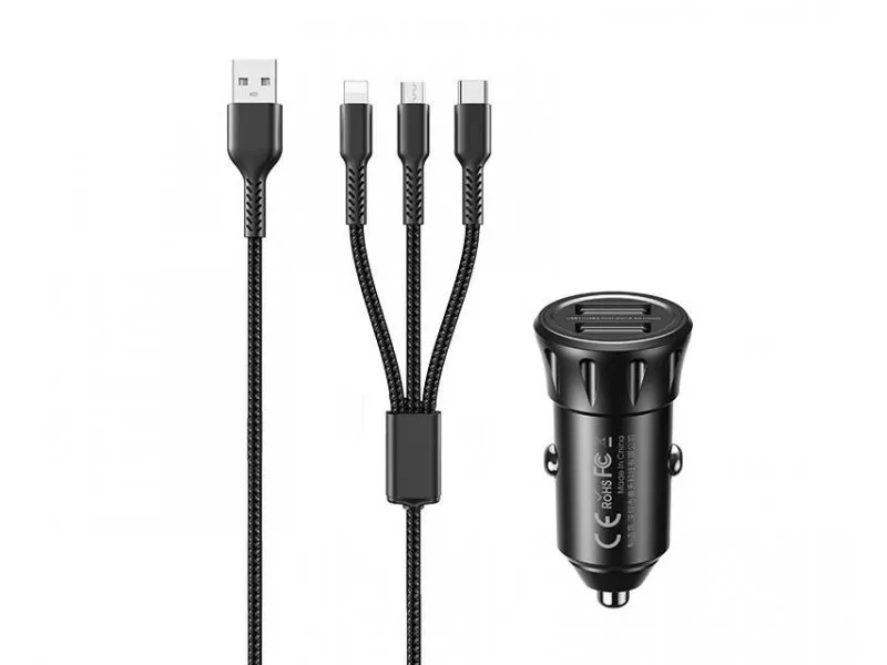 Auto punjac 2.4A 2xUSB+ kabl 3 u 1 RCC236, crni