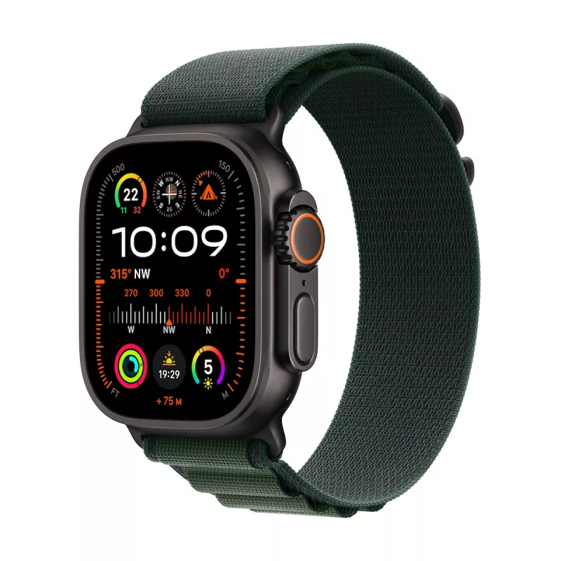 Apple Watch Ultra2 v2 Cellular 49mm Black Titanium Case with Dark Green Alpine Loop - Large