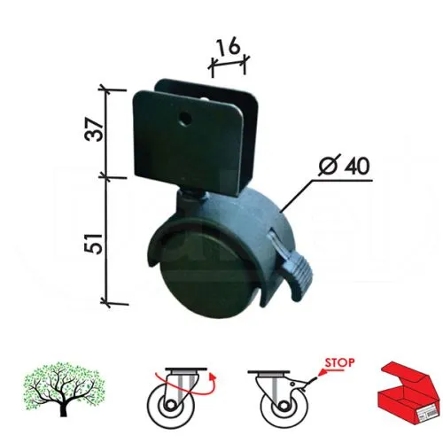 Dabel točkić rot t4108 crna fi40 mm 16 mm sa kočnicom