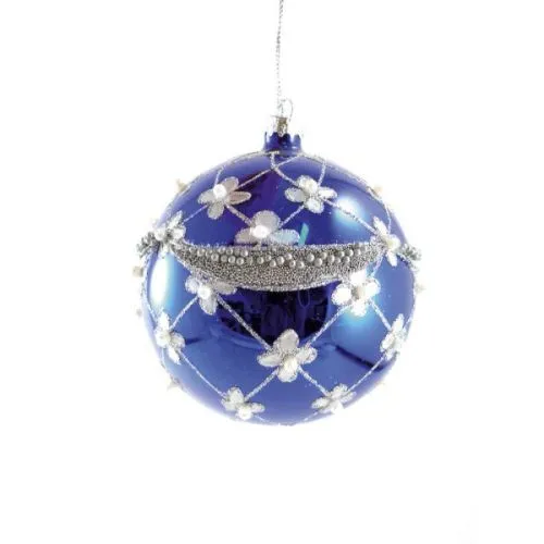 Novogodišnje kugle staklene plave sa cvetićima 3-1