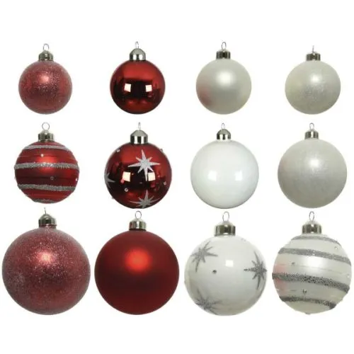 Novogodišnje staklene kugle crvene i bele, 12 kugli