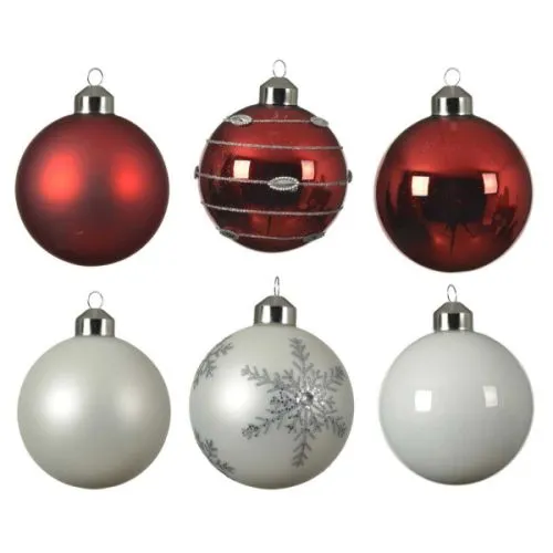 Novogodišnje staklene kugle crvene i bele, 6 kugli