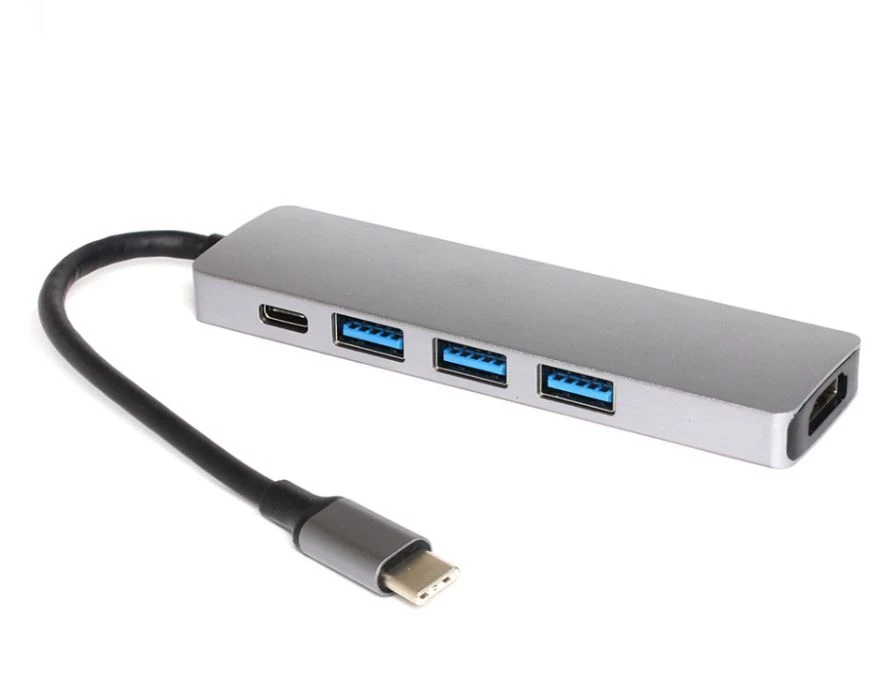 3G (201815) adapter TIP C (muški) na 3x USB 3.0 (ženski ) + TIP C (ženski) + HDMI (ženski) sivi
