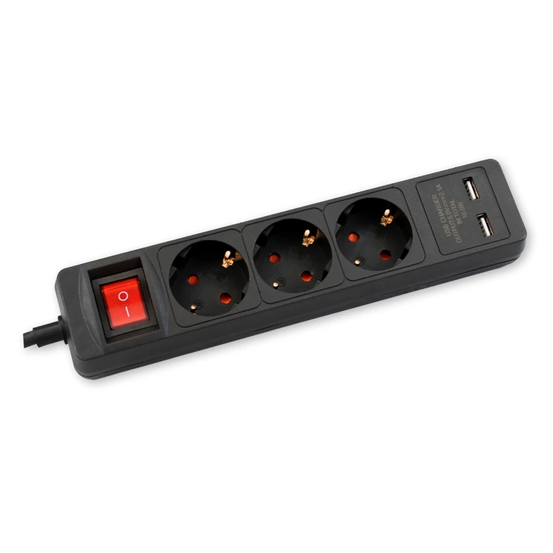 Commel c234-412 crni produžni kabl 3 utičnice+2xUSB sa sklopkom 16A 250V 3m