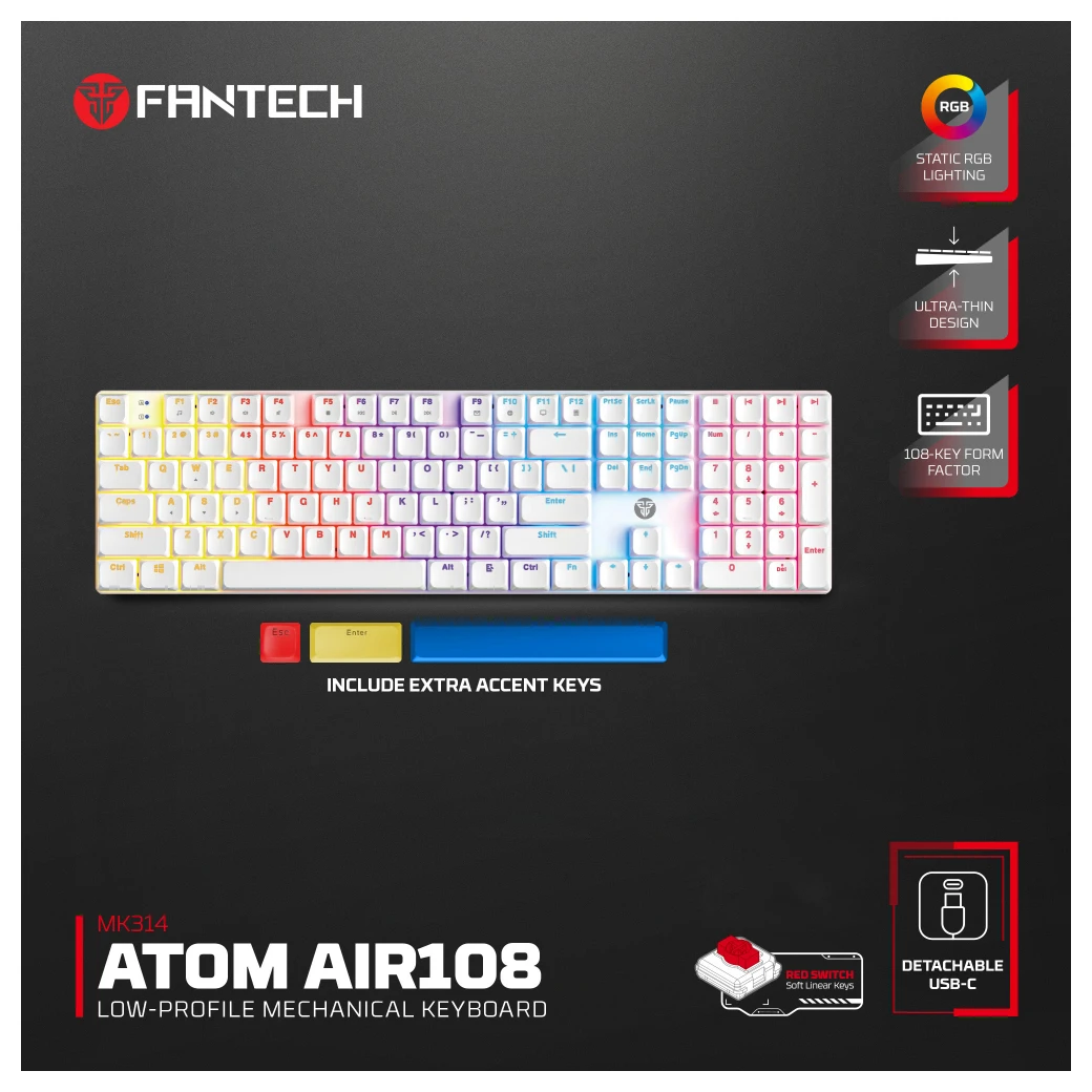 Fantech MK314 RGB Atom AIR 108 (red switch) mehanička gejmerska tastatura bela