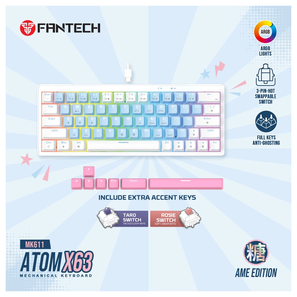 Fantech MK611 Atom x63 (rosie switch) gejmerska tastatura AME plava