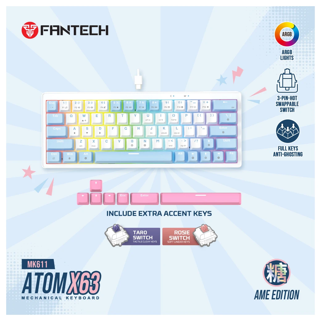 Fantech MK611 Atom x63 (rosie switch) gejmerska tastatura AME bela