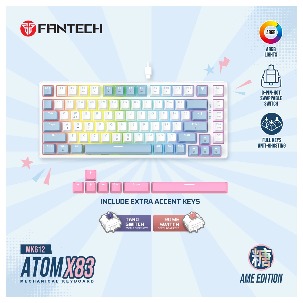 Fantech MK612 Atom x83 (rosie switch) gejmerska tastatura AME bela