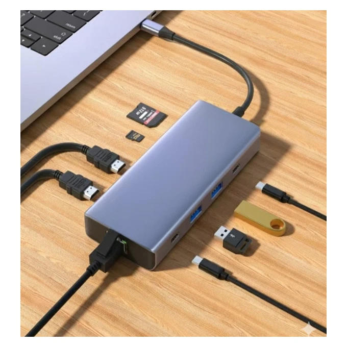 Fast Asia Adapter TIP-C na 2xHDMI+2xUSB+2xTIP C+SD/TF+RJ45
