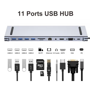 Fast Asia (OST05468) adapter TIP C (muški) na HDMI (ženski ) + VGA (ženski) + 4x USB 3.0 (ženski) + TIP C (ženski) crni