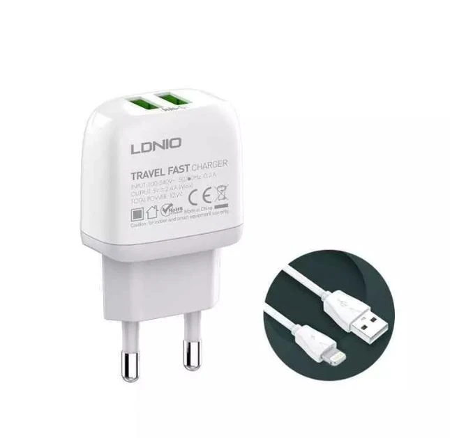 LDNIO A2219 (200964) kućni punjač 2xUSB 12W 5V 2.4A+kabl USB A (muški) na Lightning USB (muški) beli