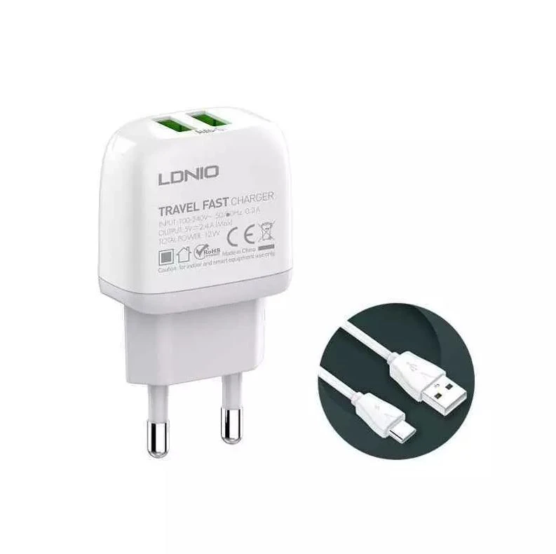 LDNIO A2219 (200965) kućni punjač 2xUSB 12W 5V 2.4A+kabl USB A (muški) na Type-C USB (muški) beli