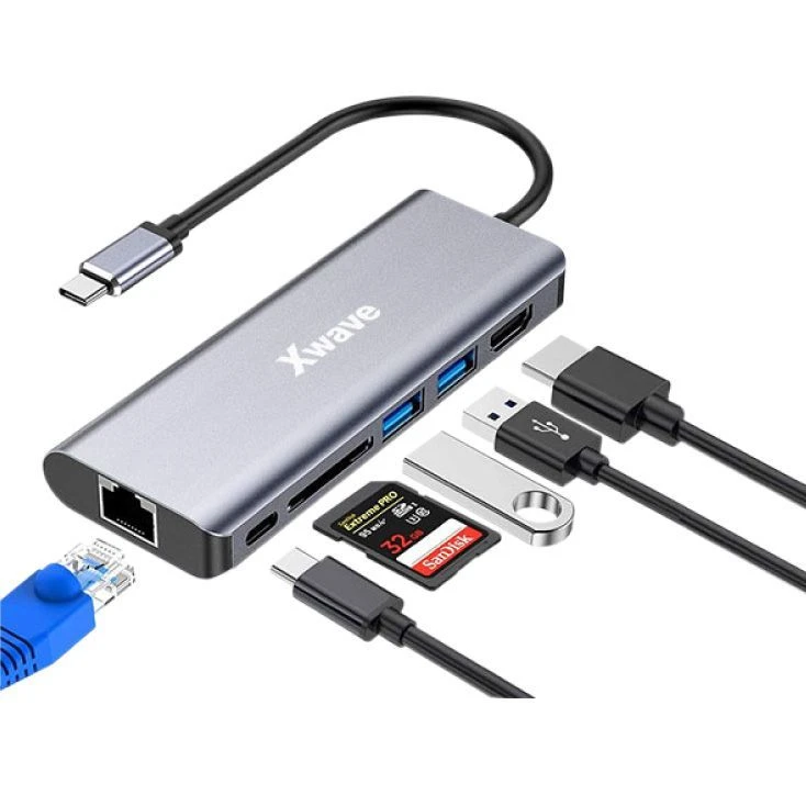 Xwave adapter USB C na HDMI/2xUSB A/SD/RJ-45/USB C