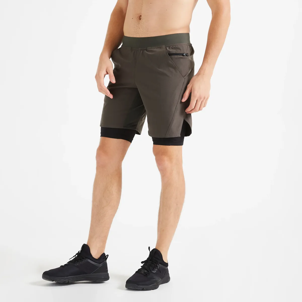 Kaki muški 2-u-1 šorts s rajsferšlusom na džepu za fitnes