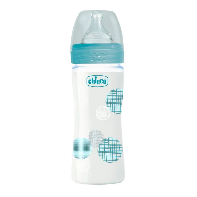 CHICCO WB STAKLENA FLASICA 240ML SILIKON PLAVA
