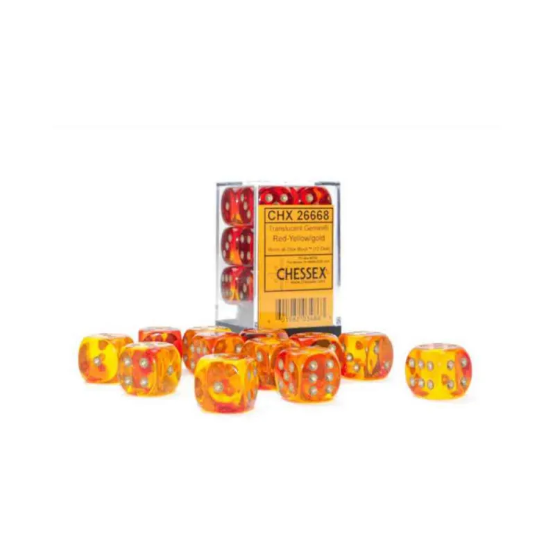 KOCKICE CHESSEX - GEMINI - TRANSLUCENT - RED-YELLOW & GOLD - DICE BLOCK 16MM (12...