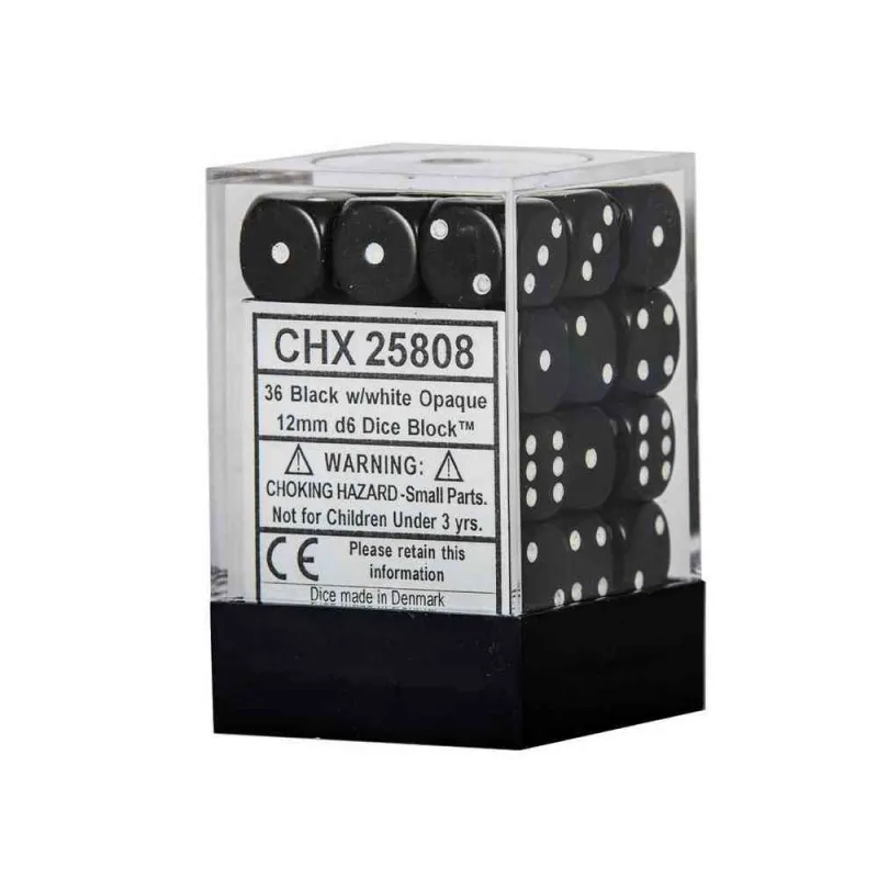 KOCKICE CHESSEX - OPAQUE - BLACK & WHITE - DICE BLOCK (36) 12MM