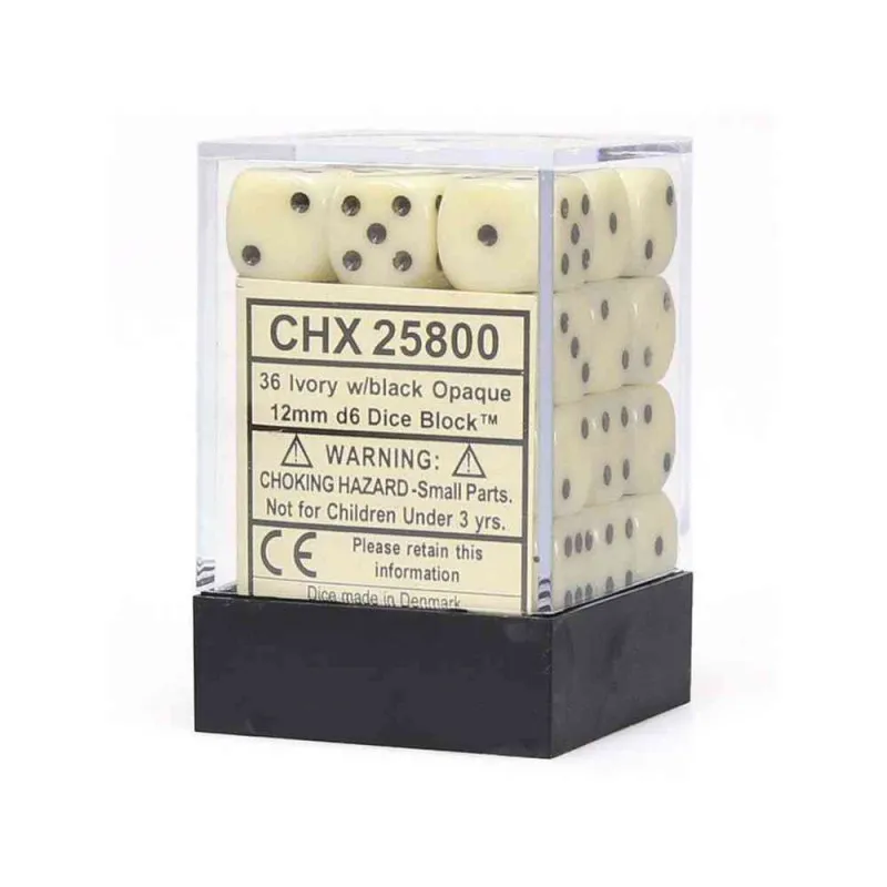 KOCKICE CHESSEX - OPAQUE - IVORY & BLACK - DICE BLOCK (36) 12MM