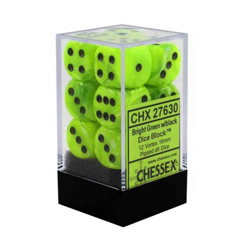 KOCKICE CHESSEX - VORTEX - BRIGHT GREEN & BLACK - DICE BLOCK 16MM (12)