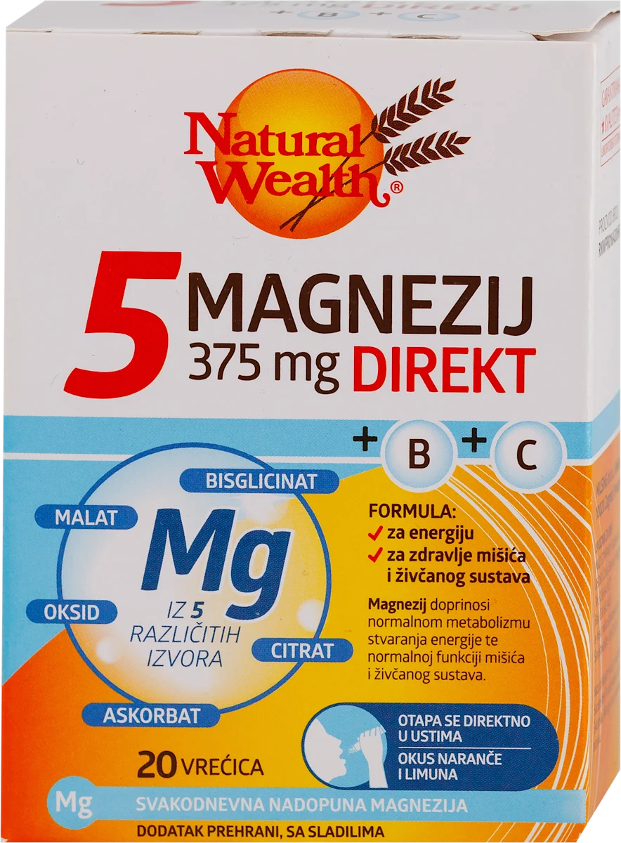5 MAGNEZIJ DIREKT 375mg kesice, sa zaslađivačima, 20 kom
