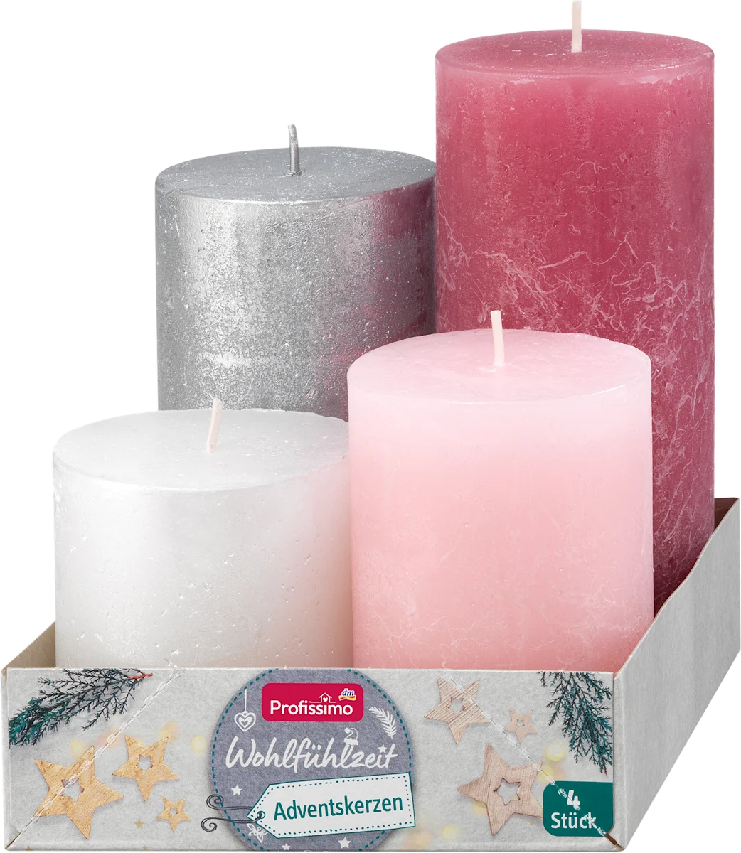 Advent sveće - roze, bela i srebrna, 4 kom