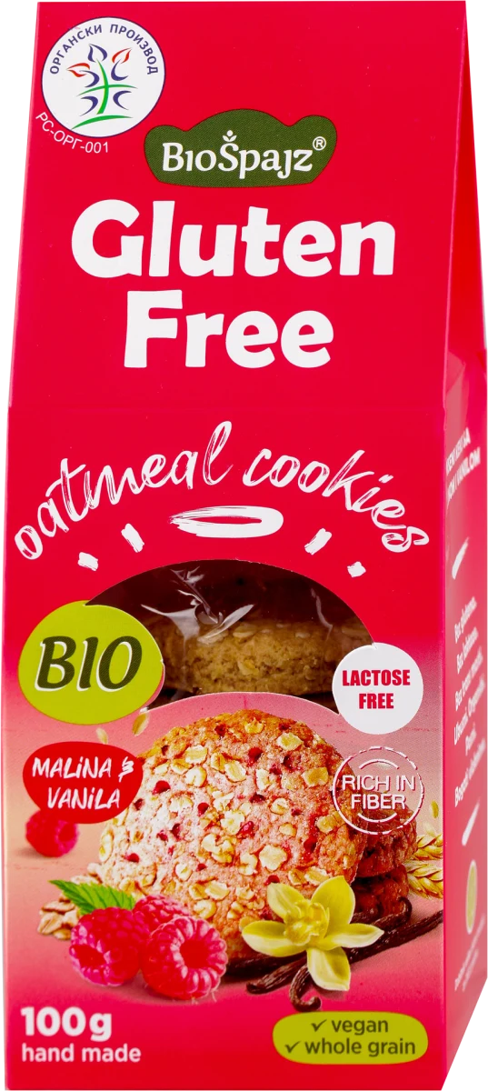 Gluten Free organski ovseni keks - malina i vanila, 100 g
