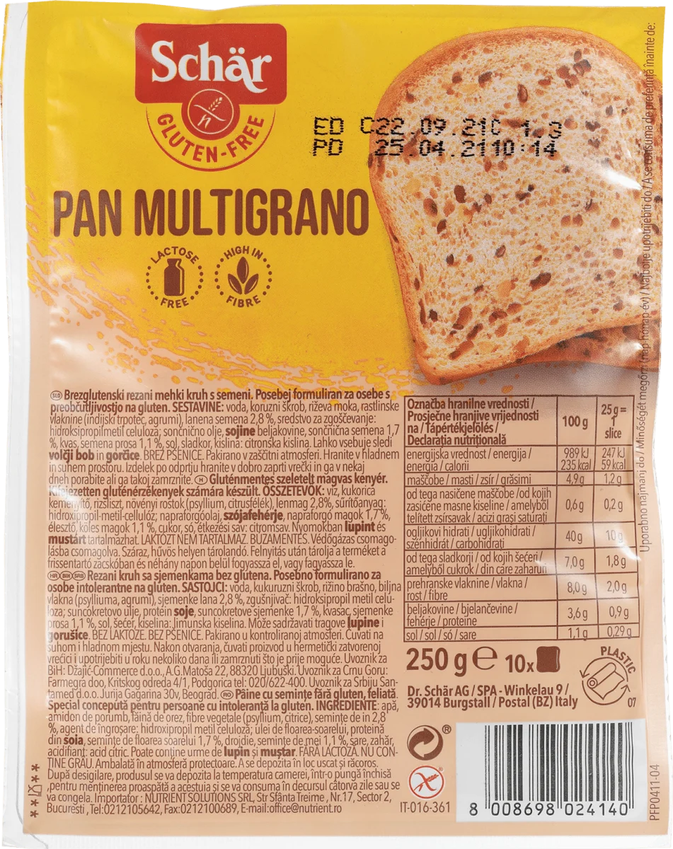 PAN MULTIGRANO-  hleb bez glutena, 10 kriški, 250 g