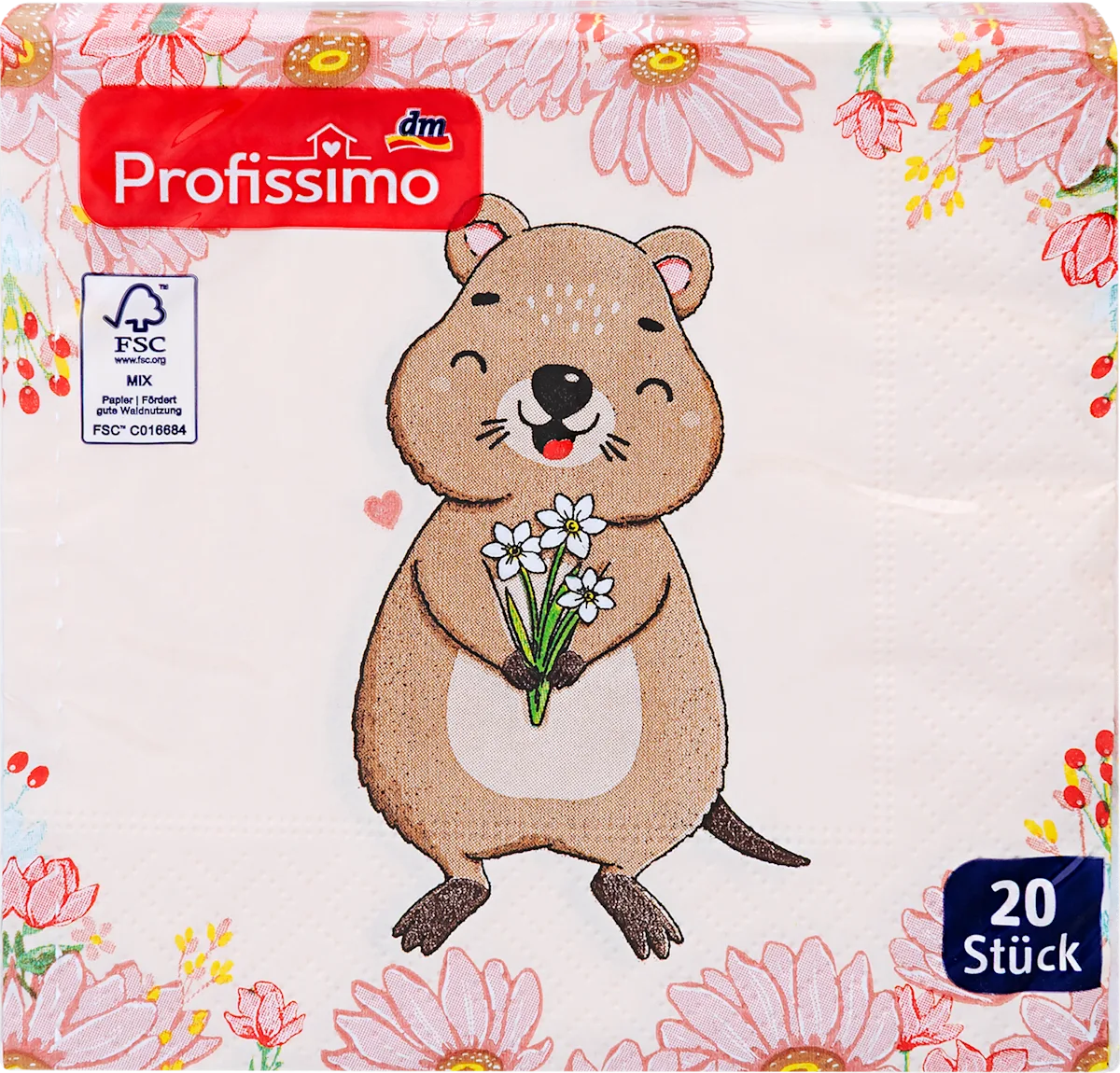 Salvete, 3–slojne, motiv  Quokka, 25 x 25 cm,, 20 kom