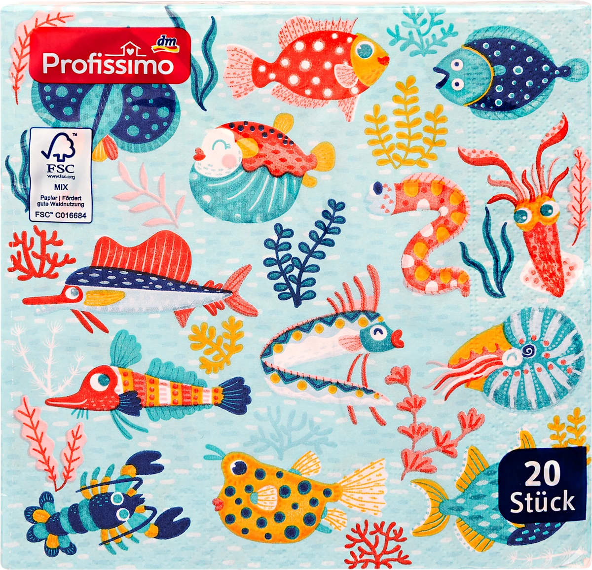 Salvete, motiv sa ribama,  3–slojne, 33 x 33 cm, 20 kom
