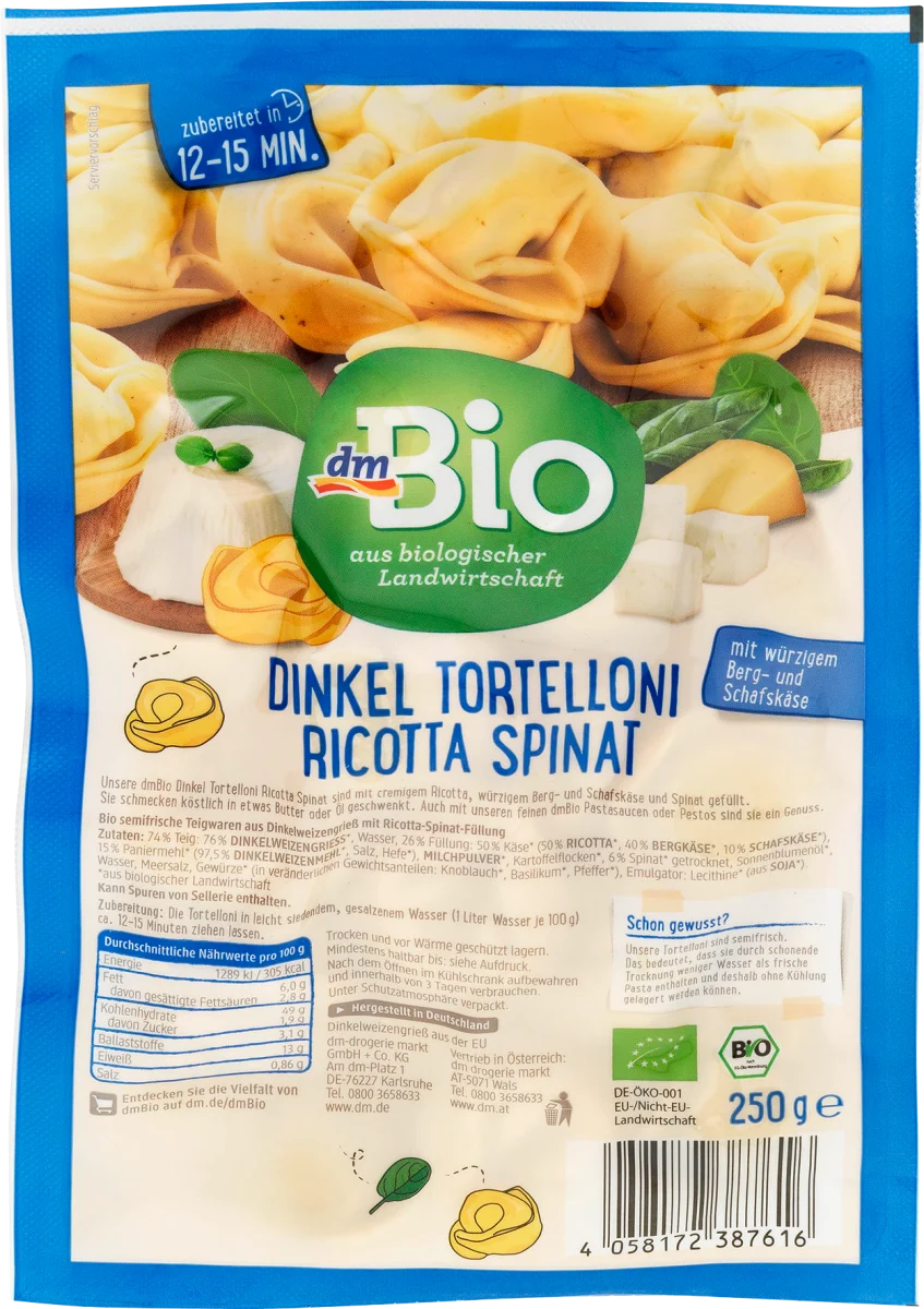 Tortelini od spelte - rikota i spanać, 250 g