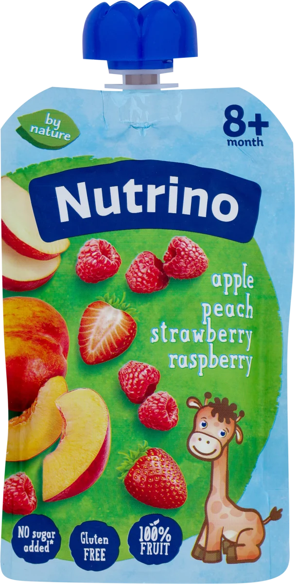 Voćni pire, jabuka, breskva, jagoda i malina, od..., 100 g