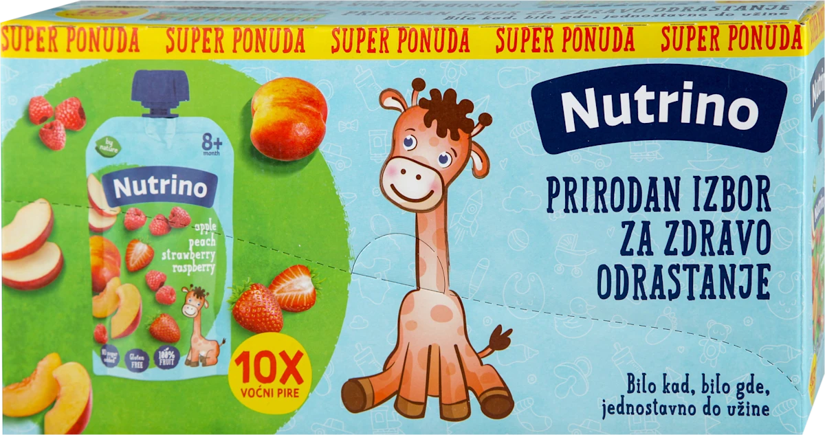Voćni pire, jabuka, breskva, jagoda i malina, od..., 1.000 g