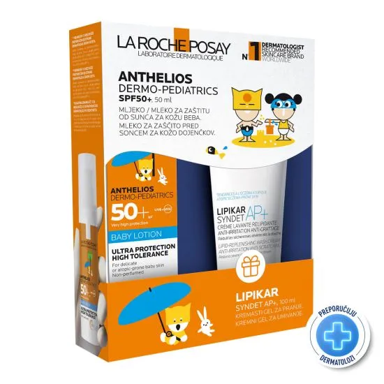 La Roche Posay Anthelios DP SPF50+ Mleko za zaštitu od sunca za osetljivu kožu beba, 50 ml + Lipikar syndet AP+ Kremasti gel za tuširanje obogaćen lipidima za svakodnevno pranje osetljive suve kože s osećajem svraba i iritacija, 100 ml