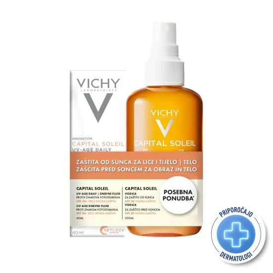 Vichy Capital Soleil UV-age daily vodeni fluid SPF 50+, 40ml + Promo - 50% Vodica za naglašen ten za lice i telo SPF 30+, 200ml