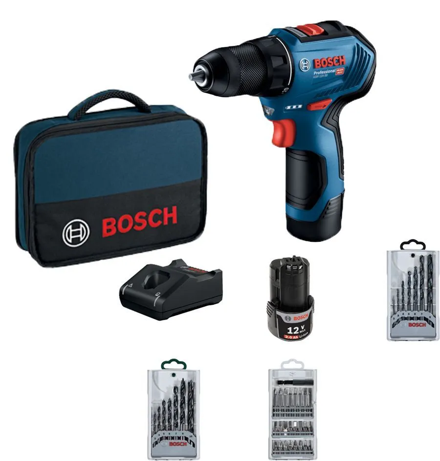 Bosch AKUMULATORSKA BUŠILICA - ODVRTAČ GSR 12V-30 + 39-delni set pribora (06019G9001)