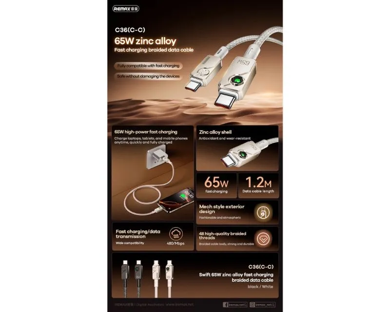 REMAX Kabl Swift Fast charging braided data cable 1.2M C36 65W(C-C) crni