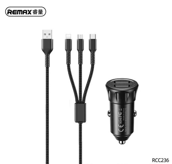 Auto punjac Remax RCC236 2 x USB+ kabl 3u1 lightning/USB-C/USB micr...