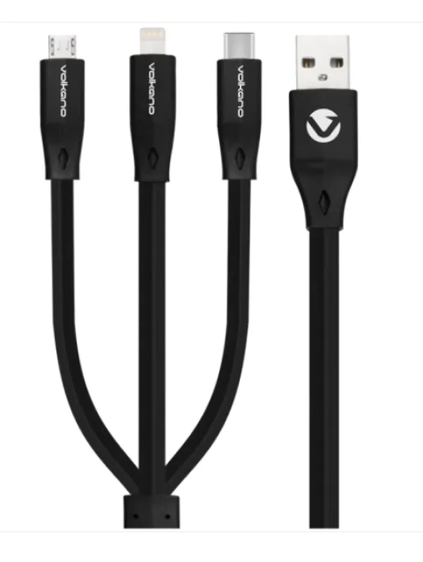 Kabl Volkano VK-20086-BK Slim Series Flat PVC 3-in-1 USB-C/Lightnin...