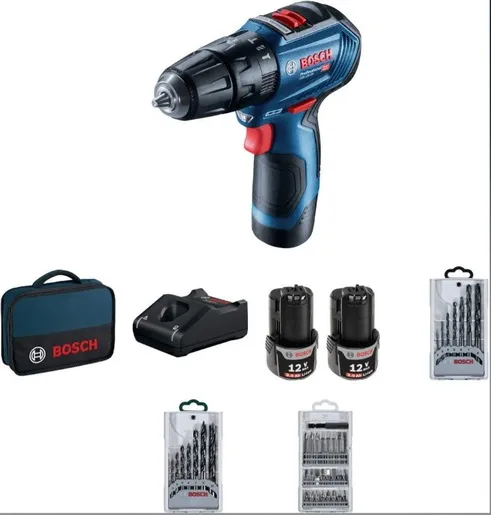 BOSCH GSB 12V-30 akumulatorska bušilica-odvijač + 39 delni set pribora (2 x 2,0 Ah) 06019G9101
