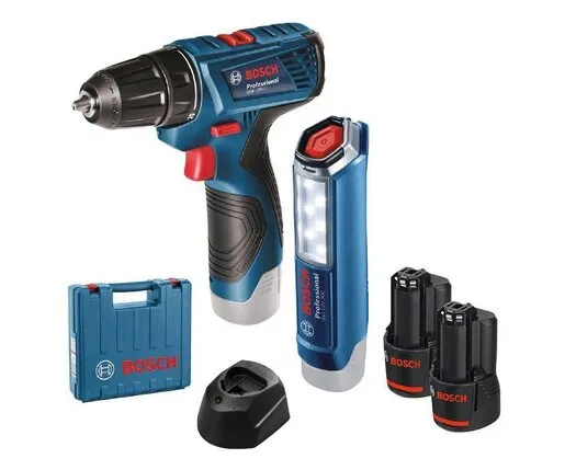 BOSCH Professional akumulatorska bušilica-odvrtač GSR 120-LI + GLI 12V-300 (2x 2,0 Ah + GAL 1210 CV, kofer) 06019G8004