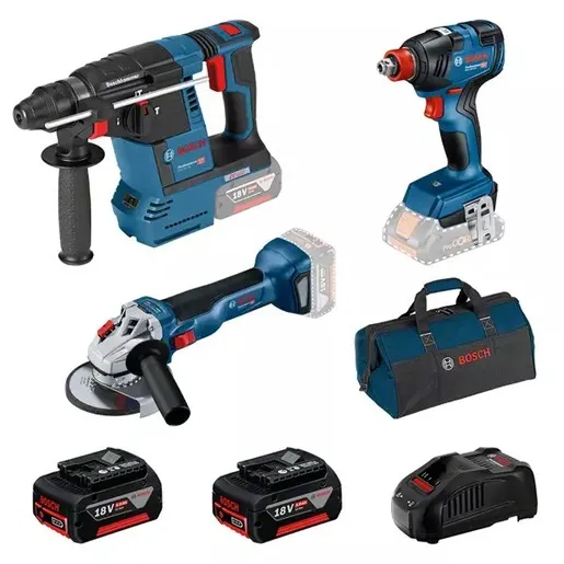 BOSCH professional bušaći čekić GBH 18V-26 + udarni odvrtač GDX 18V-200 + brusilica GWS 18V-10 + 2xAKU - sa baterijom i punjačem 0615990N21